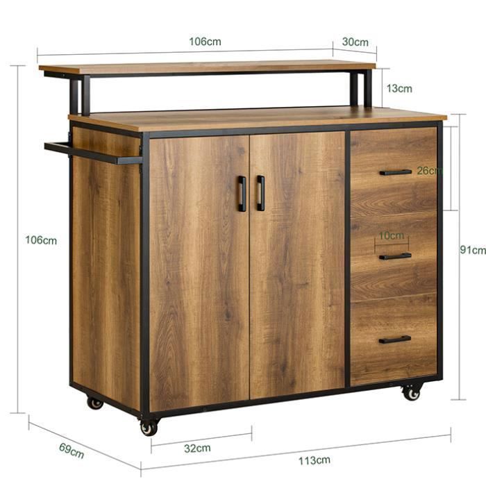 Isla de cocina SoBuy con 3 cajones, 2 puertas, toallero y estante adicional, tipo buffet, 113 x 69 x 106 cm.