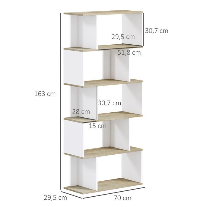 Librería - HOMCOM - Mueble de almacenamiento antivuelco de 5 baldas - Capacidad de carga de 25 kg - 70 x 29,5 x 163 cm - Aspecto de madera blanca