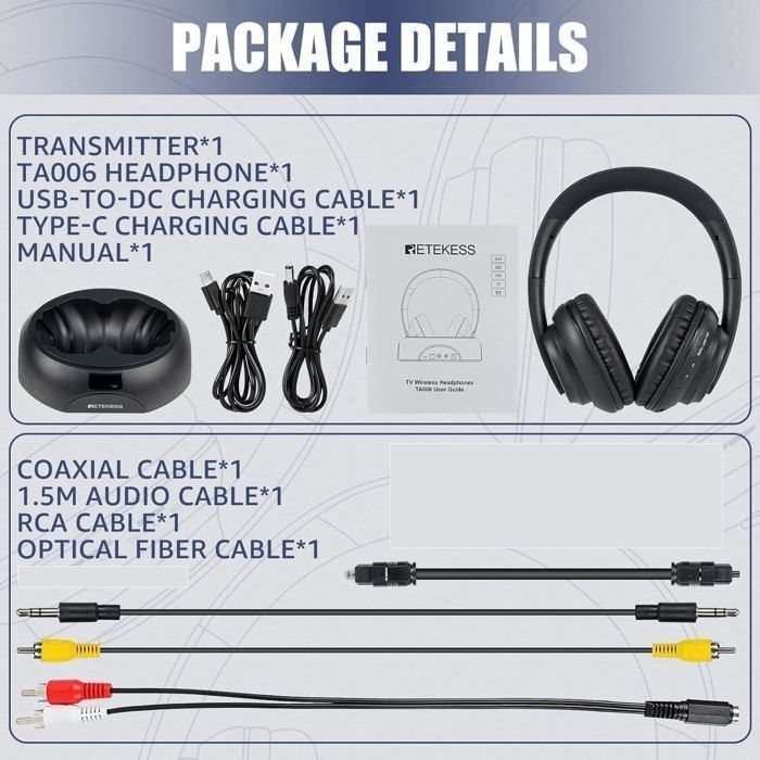 Retekess TA006 Wireless TV Headphones, Audio Headset, 8 Hour Battery Life, 30m Range, 3.5mm Stereo Headphones, RCA Input, Coaxial Cable, Audio Cable
