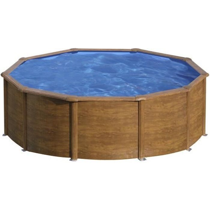 Piscina redonda elevada de acero con acabado efecto madera - GRE - Pacific - Diámetro 4,80 m - Filtro de arena y escalera incluidos