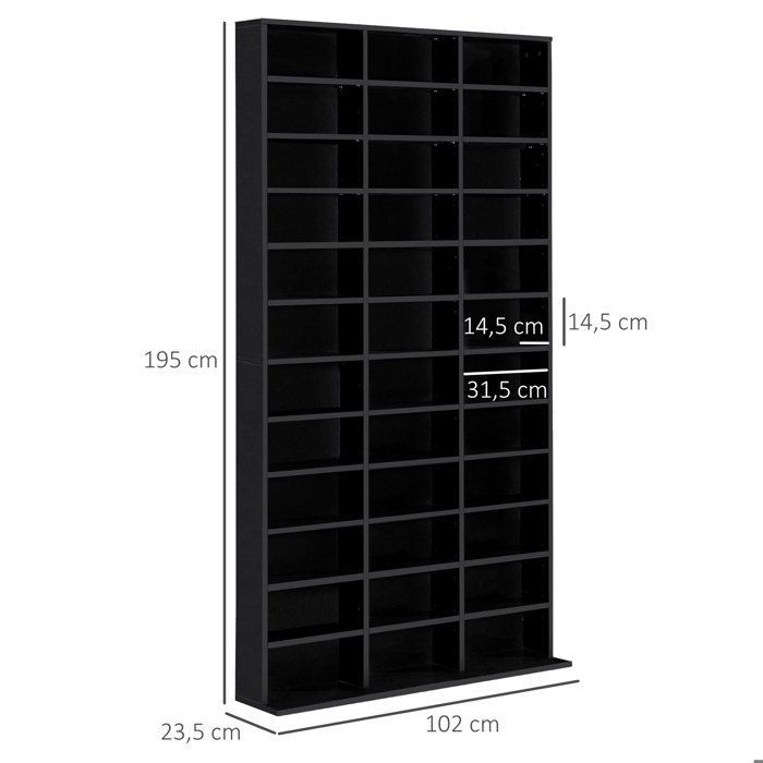 Estantería de almacenamiento - HOMCOM - para CD, DVD, 1116 CD, 36 compartimentos, estantes ajustables - madera - 102 x 23,5 x 195 cm - negro