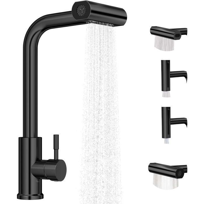 Rubinetto da cucina con doccetta estraibile, girevole a 360°, miscelatore da cucina in acciaio inox con 4 modalità di getto, nero