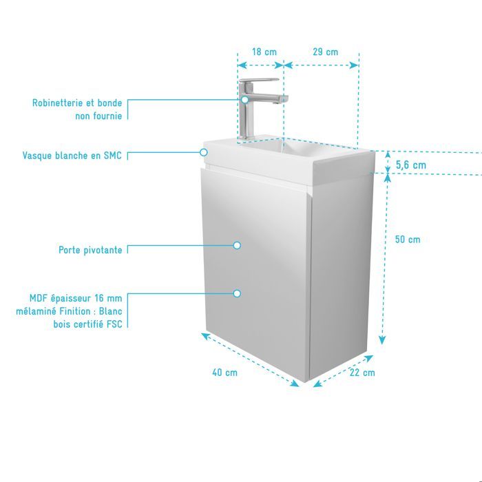 Weißer Waschtischunterschrank 40x50x22 cm mit SMC-Becken - ELEMENTARY