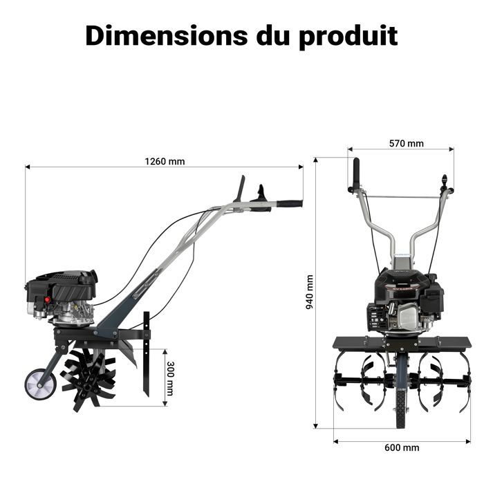 Wiltec Motobineuse 60 cm 2,5 KW 6 Fraises Lames Réservoir 0,8L Profondeur 25 cm Motoculteur Essence Moteur OHV Aérateur Scarificateu