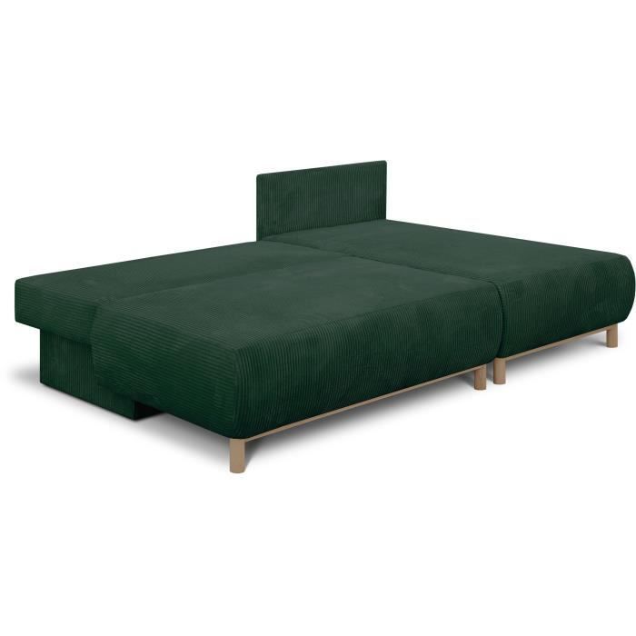 Canapé d'angle droit convertible - 3 places - MIKA - Tissu velours côtelé vert foncé - Coffre de rangement - 192 x 84 x 93 cm