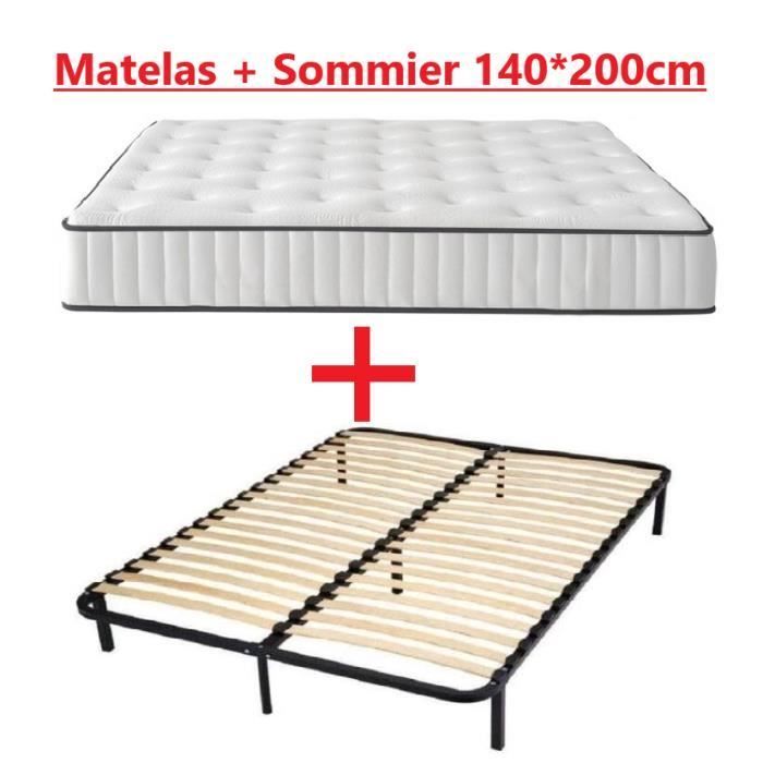 Colchón + Base de Cama - IZTOSS - 140x200cm - Somier de láminas - 2 plazas - 1 base de cama de una pieza