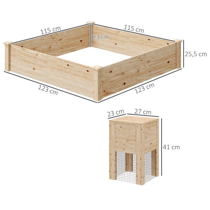 Planter - Outsunny - with compost bin - open bottom design - for vegetables and flowers - made of wood - 123 x 123 x 25.5 cm natural wood