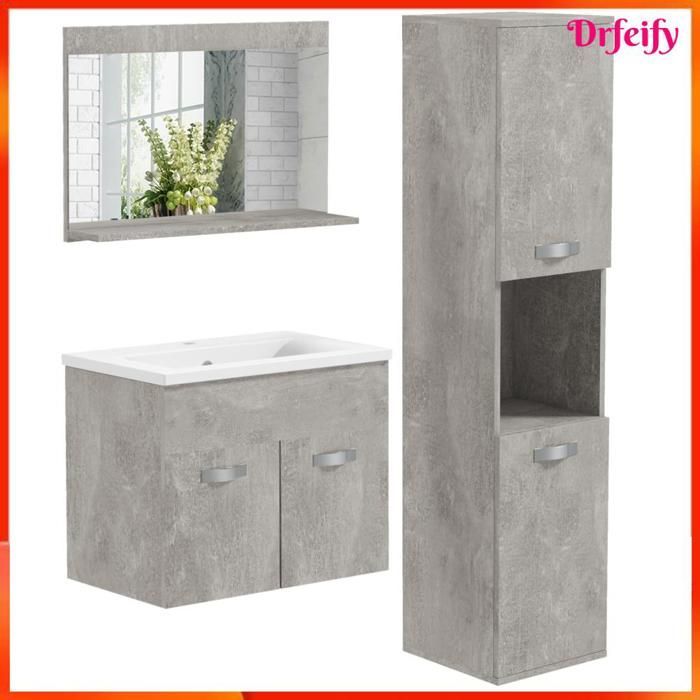 Ensemble de meubles de salle de bain - AKOZON - 8643 - 4 pièces - Gris - Suspendu - Vasque céramique