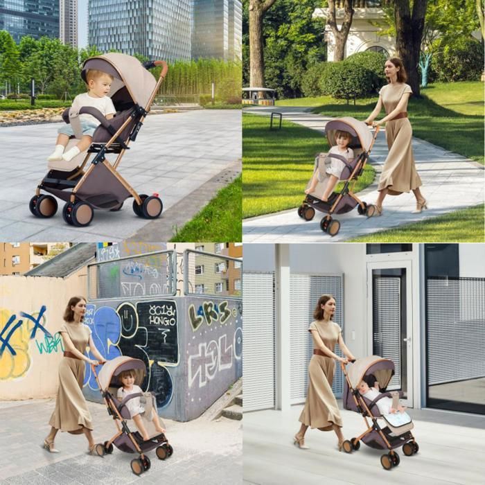Compact Baby Stroller - MENGDA - Reclining Backrest, With Basket, Mosquito Net, 5-Point Harness - Up to 50KG - Khaki