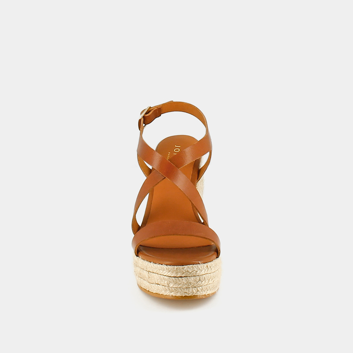 Espadrilles à brides croisées compensées  en cuir cognac