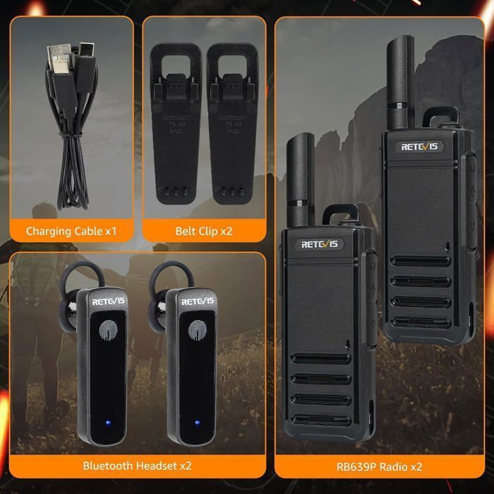 Retevis RB639P Talkie-walkie sans Fil, PMR446 Radio Bidirectionnelle avec Casque sans Fil, Type-C, VOX, Le Voyage en Voiture (2Pcs)