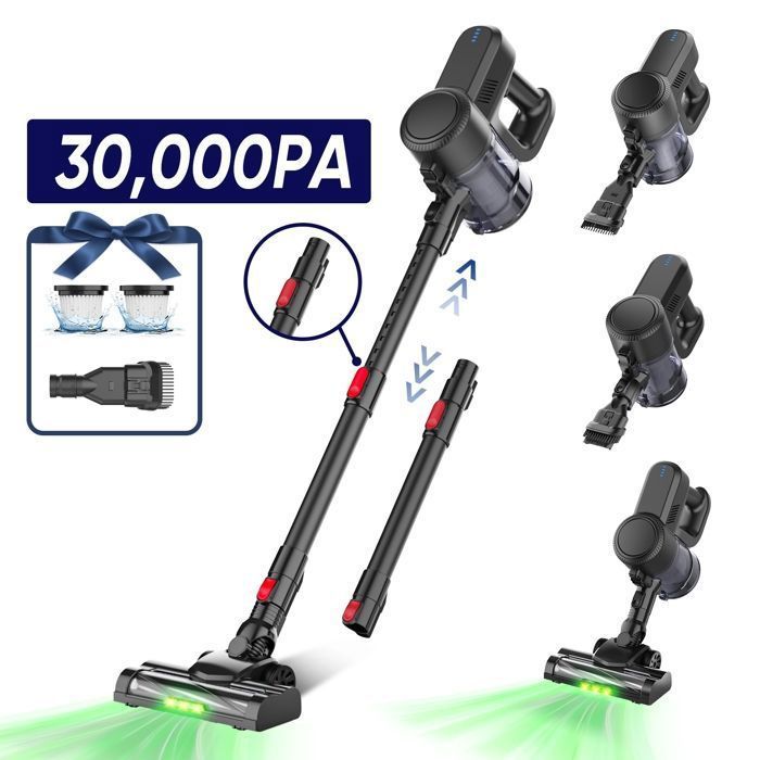Aspirateur Balai Sans Fil Lamzien V8 - 30000PA/40min - HEPA Filtration Efficace -silencieux - léger - Lumière Verte
