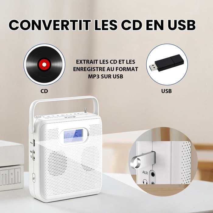 Portable CD Player with Bluetooth, USB, FM Radio with MP3 Conversion, AUX-In, and Stereo Speakers