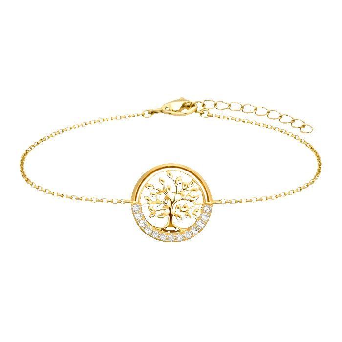 Bracelet ARBRE DE VIE Femme Plaqué Or 18 Carats & Zirconiums – Longueur Réglable 16,5-19,5cm – Bijou Poinçonné Cadeau Porte-Bonheur