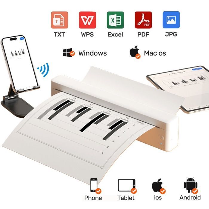 A4 Thermal Printer, Mini Portable Bluetooth Printer, WiFi, No Ink, Weight Only 430g, 251*32*54mm, White