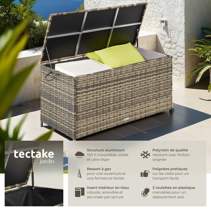 TECTAKE - Contenitore Kuusamo, in alluminio con ruote - Naturale scuro/Grigio - Per esterni, grande capacità - 117x54x64cm