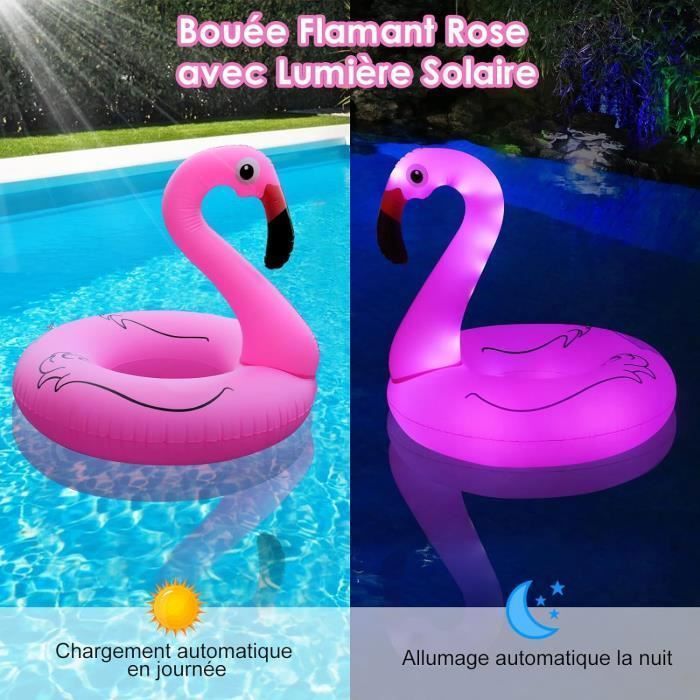 Boue Piscine Flamant Rose - Anneau Flotteur Gonflable - Lumires Solaires - PVC - Adulte