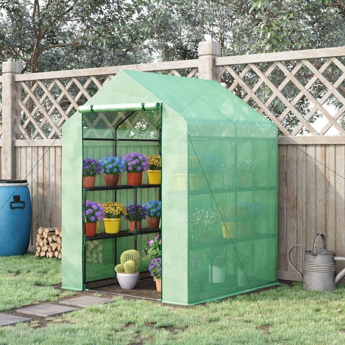 Outsunny Gartengewächshaus – mit 3 Regalböden – verstärkte PE-Folie (140 g/m²) und Stahlrahmen – für Gemüse und Blumen – Grün