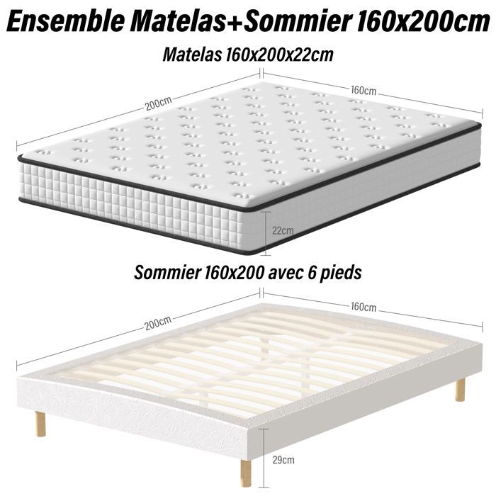 Colchão de espuma viscoelástica DEWINNER® e base de cama estofada 160x200