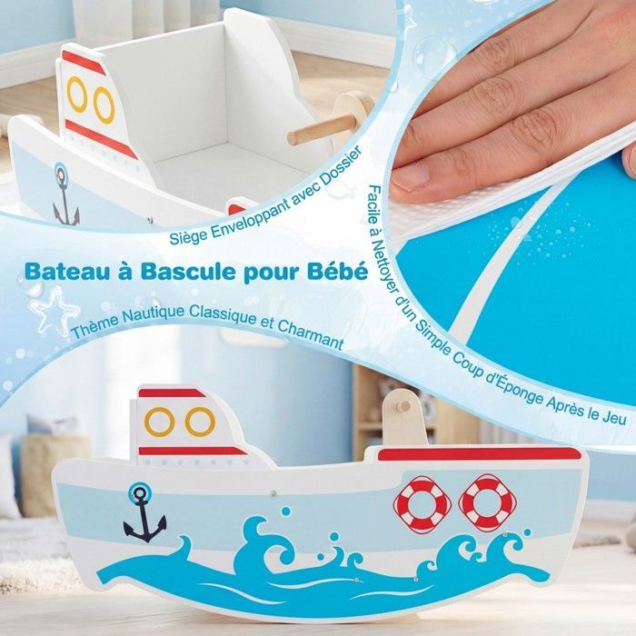 COSTWAY Schommelboot voor kinderen van 1-5 jaar, houten schommelboot met nautisch thema, maximaal draagvermogen: 50 kg