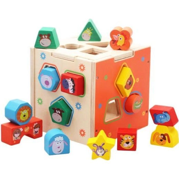 Cubo di legno per attività, gioco di incastro delle forme, giocattolo educativo prescolare per lo sviluppo dell'intelligenza e del riconoscimento dei colori per bambini di 1-2-3 anni.