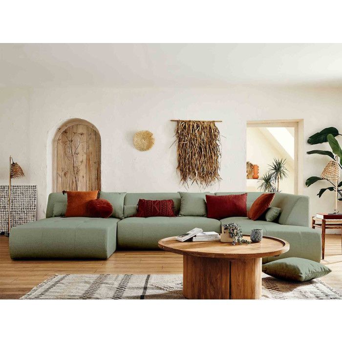 Onyx - Sofá modular panorâmico de canto direito com 7 lugares - em tecido - Verde sálvia