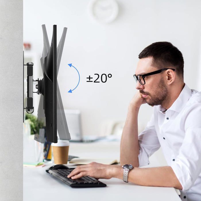 Suporte de parede para TVs de 13 a 32 polegadas, com telas planas ou curvas, rotação de 360°, inclinação de 20° e padrão VESA 75x75 / 100x100mm.