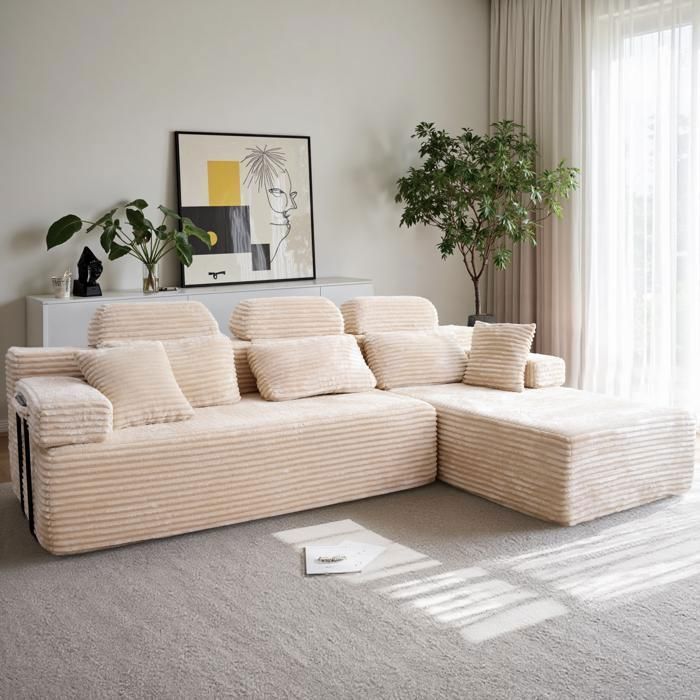 Sofá esquinero reversible con chaise longue, sofá modular de respaldo alto, sofá cama de asiento profundo sin montaje, color beige.