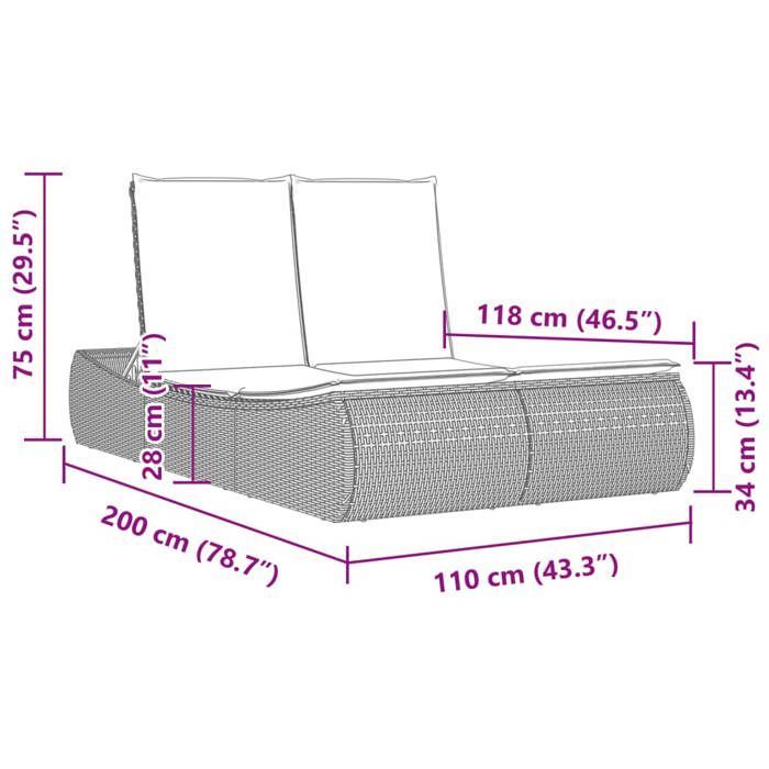 vidaXL Chaise longue double avec coussins gris résine tressée, transat, lit de jour d'extérieur, lit de jour de jardin, lit 368092