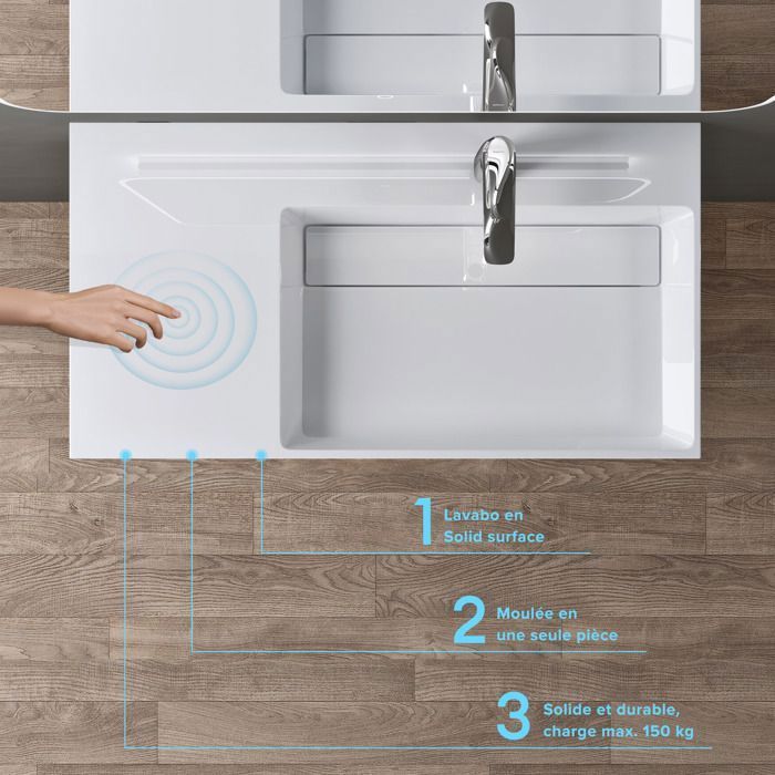 Lavabo mural blanco doporro de 75 cm, lavabo de encimera con desagüe, lavabo rectangular de 75 x 43 x 14 cm Colossum12-R