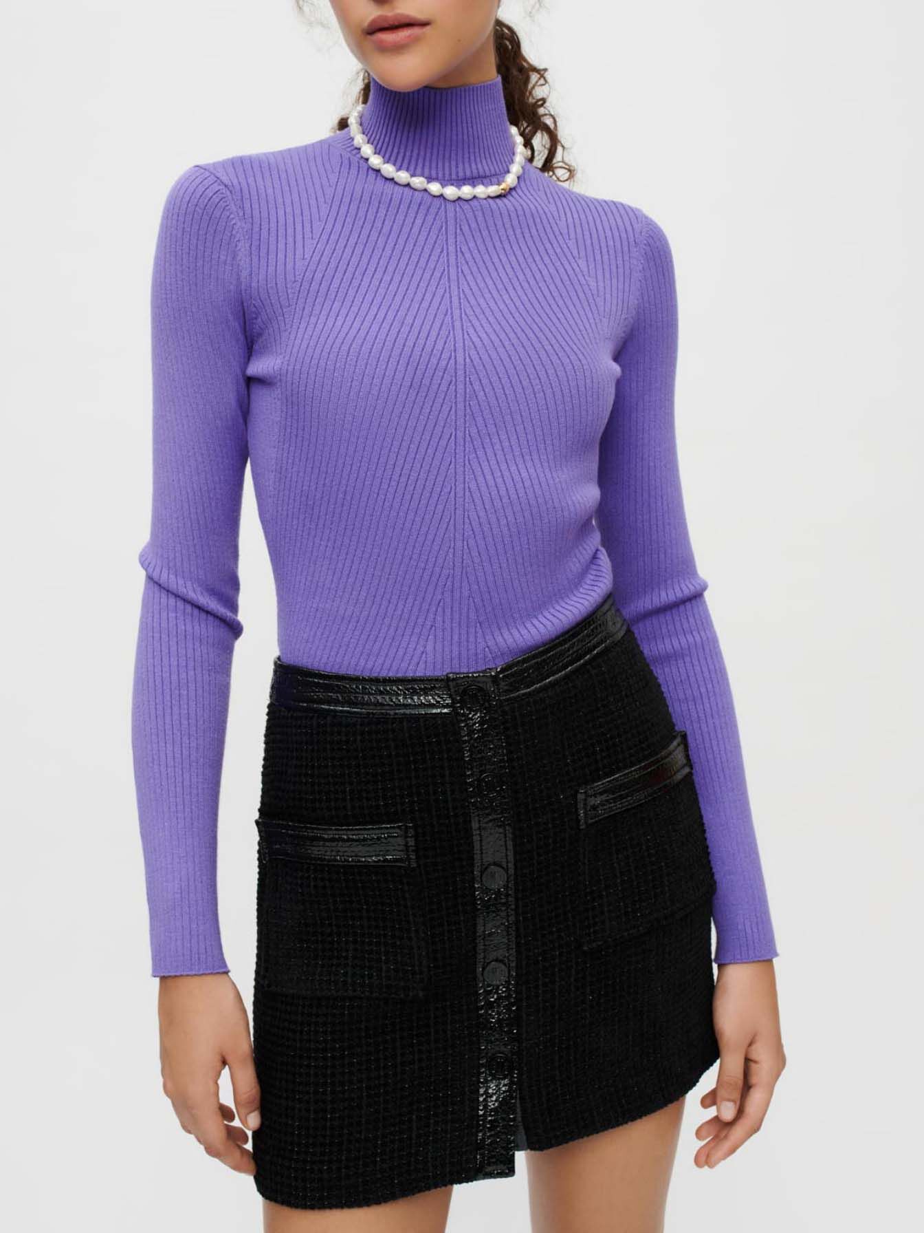 Fustă catifelată din tweed și vinil - Negru