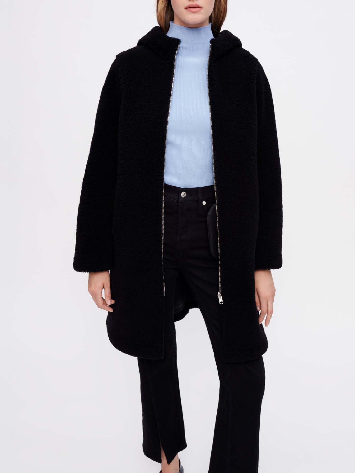 Haină din shearling, lână și blană - Negru