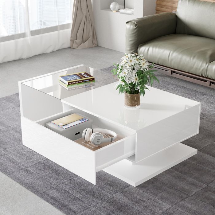 Living room coffee table with glass and LED lighting, living room furniture with 1 storage drawer, 105x55x32.5cm, glossy white