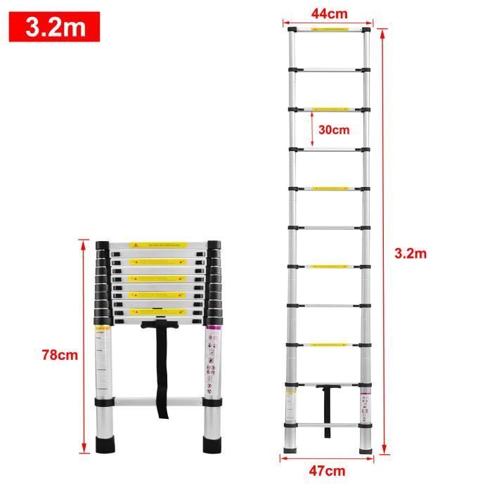 Echelle télescopique multifonction en aluminium XMTECH - 11 échelons - Charge maximale 150 kg - Argent