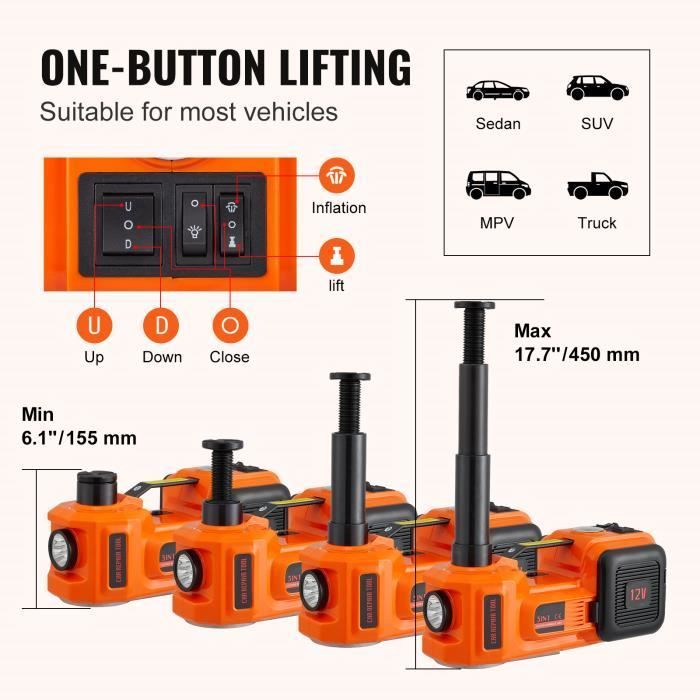 Gato hidráulico eléctrico para coche VEVOR 5T 12V con inflador incorporado.
