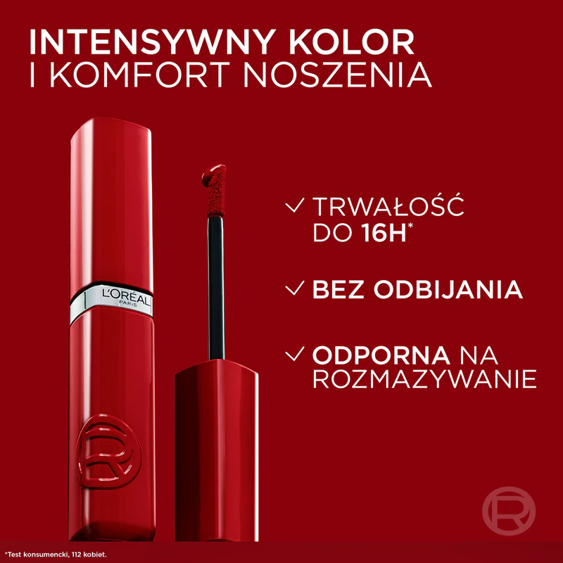 Batom líquido de longa duração L'Oréal Paris Infaillible Laque Resistance que hidrata e proporciona brilho.