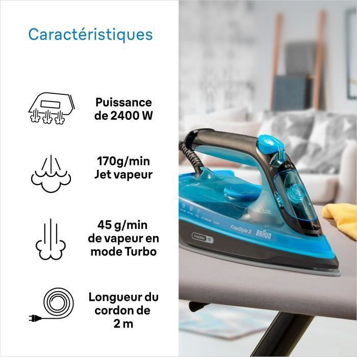 Fer vapeur - BRAUN - FI3194BK FreeStyle 3 - Puissance 2400 W - Vapeur constante 45 g/min Pressing 200g/min - Semelle SuperCeramic