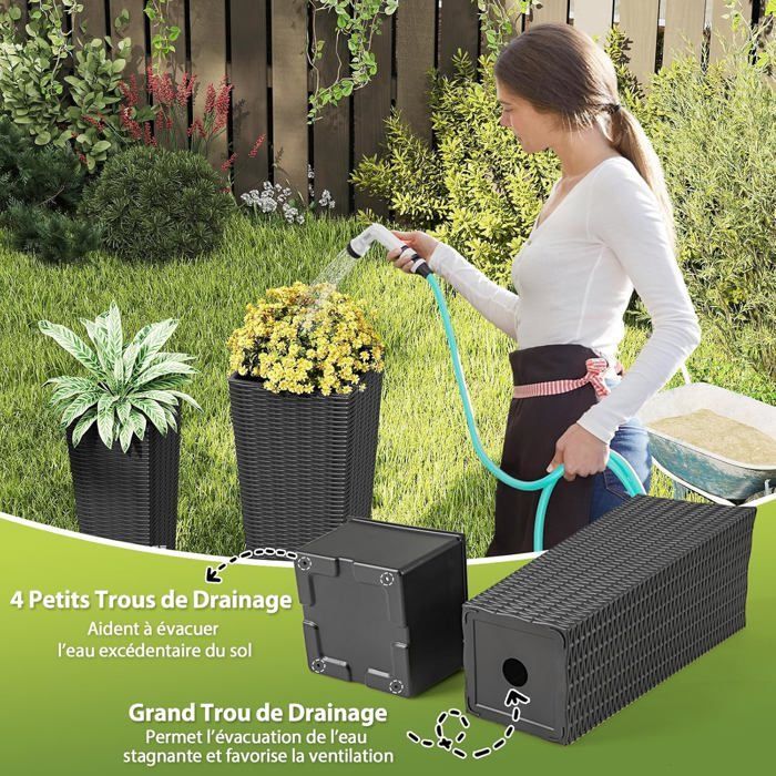 COSTWAY Set of 2 Flower Pots, Removable Inner Trays, Drainage Holes, Decorative Wicker Vegetable Planter Table in PP Rattan, Black