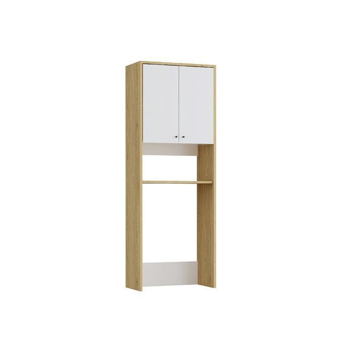 Wasmachinekast met dubbele deuren - B65 x H180 cm - Wit en licht naturel - WORIKA