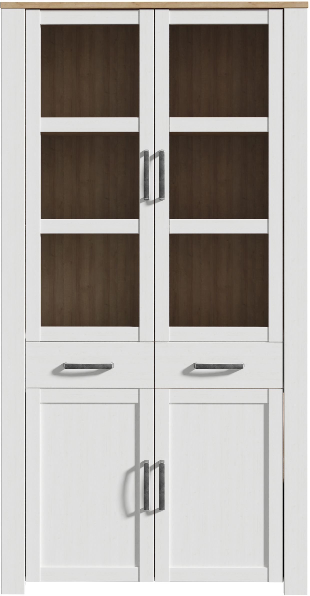 Suuri BOHOL valkoinen vitriinikaappi – 4 ovea, joista 2 lasia + 2 laatikkoa – L 106,4 × S 42 × K 205,4 cm