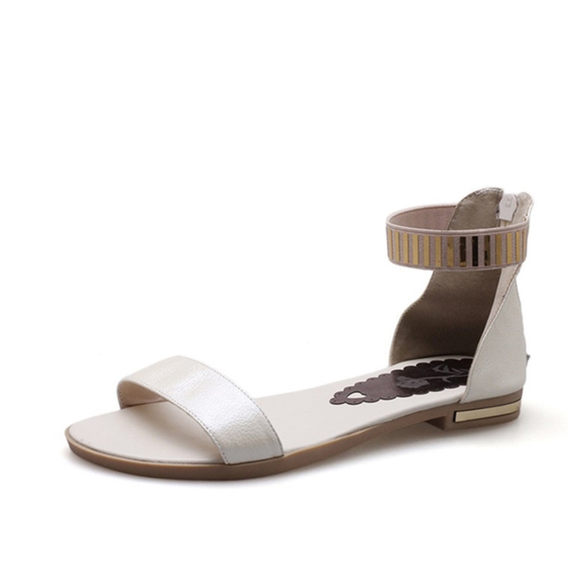 Sandali da donna in vera pelle, taglie grandi 34 46, nuovi, con cerniera, estivi, neri, oro, bianchi, casual, da spiaggia, piatti, vendita all'ingrosso