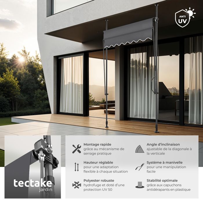 Store banne de jardin - TECTAKE - Store à pince sans perçage avec manivelle réglable en hauteur - Noir/Gris - 150 x 180 cm