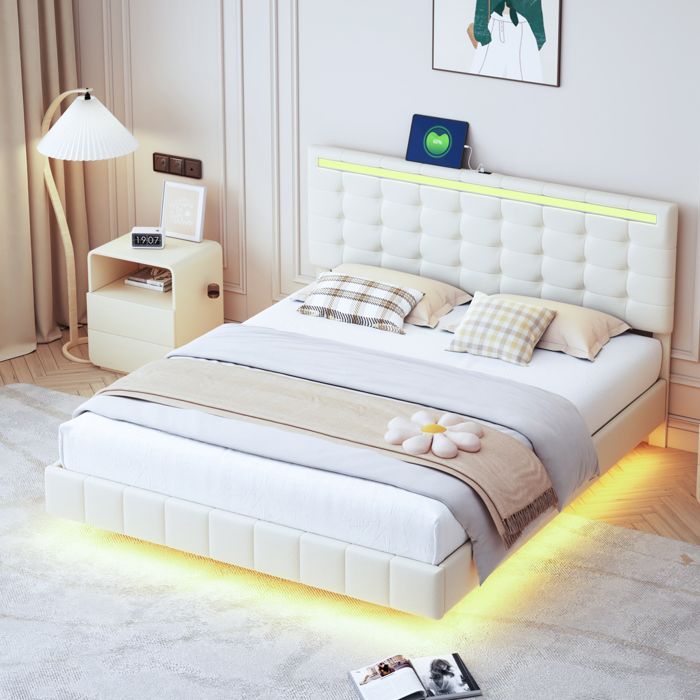 Lit double 140x190 cm - SUNFECILI - Beige - Avec LED et USB - Tissu en lin - Charge 300 kg