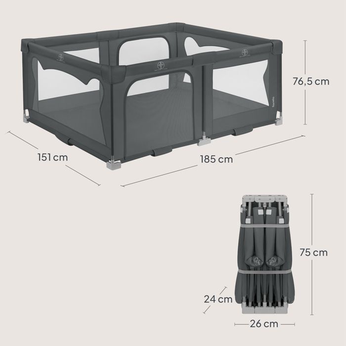 Parque infantil de 180x150 cm - LIONELO Florence - Montaje muy rápido - Espacio extragrande - Para interior/exterior - Bolsa incluida - Gris