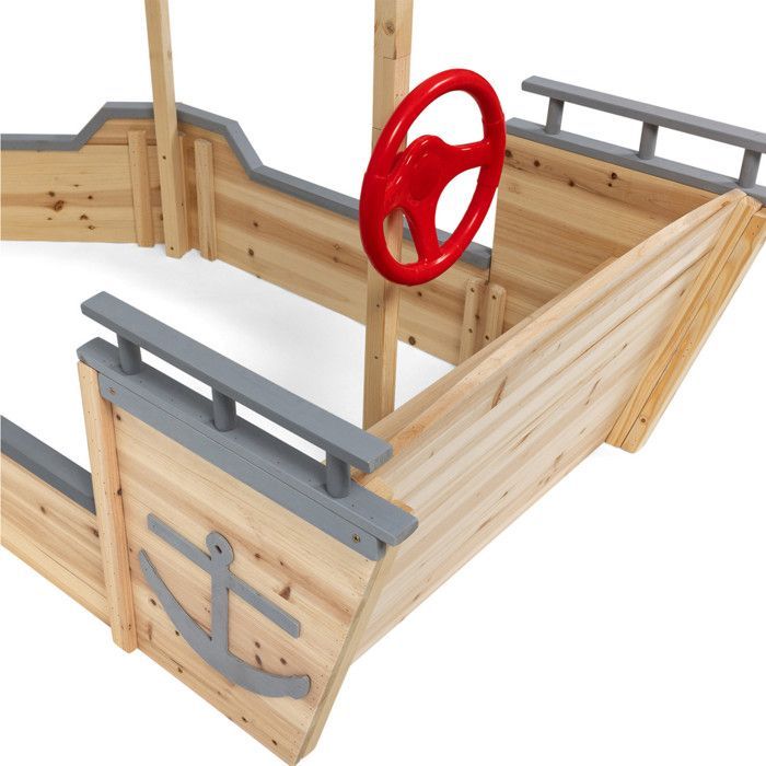 Arenero de madera con forma de barco pirata de IDMARKET WORLD con banco, caja de almacenamiento y techo gris.