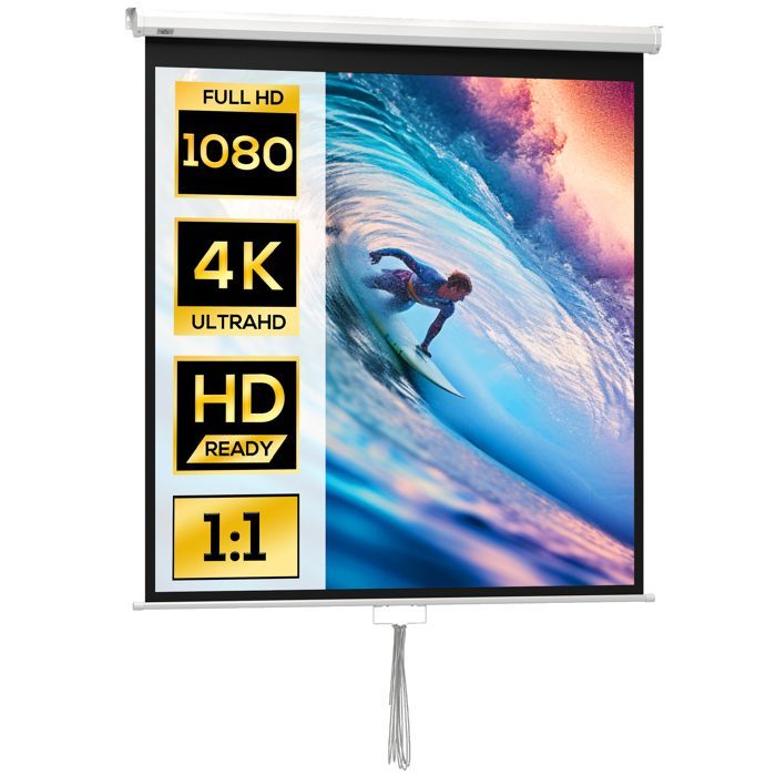 Écran de projection - HOMCOM - 85 pouces home cinéma 1:1 4K HD mural plafond - acier - 162,5 x 8 x 162 cm - blanc