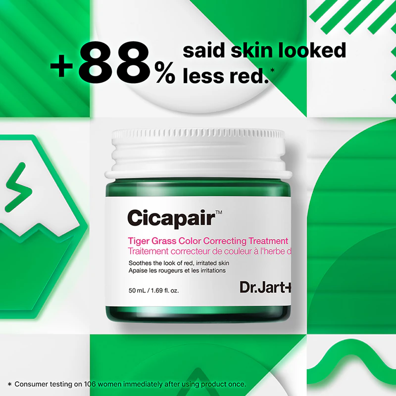creme de tratamento corretor de cor Dr. Jart+ Cicapair™ Tiger Grass reduz intensamente a vermelhidão.
