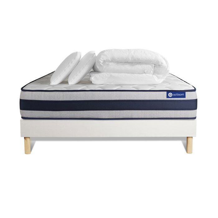 Juego de cama completo de 140x190 cm - Colchón + Base de cama blanca (requiere montaje) + 2 almohadas + Edredón - Actilatex E