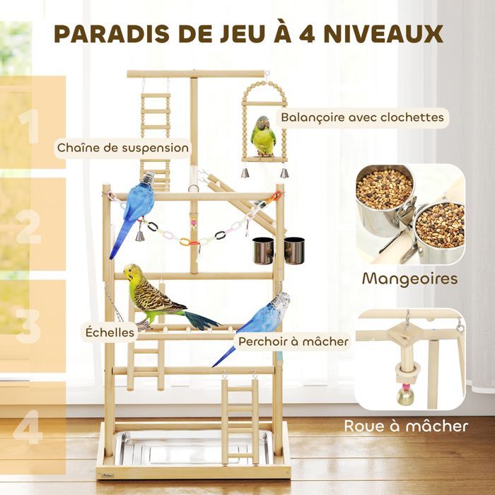 Aire de jeux pour oiseaux - PawHut - avec échelles, jouet à chaîne, plateau, mangeoire, balançoire - 48 x 38 x 95 cm - bois naturel