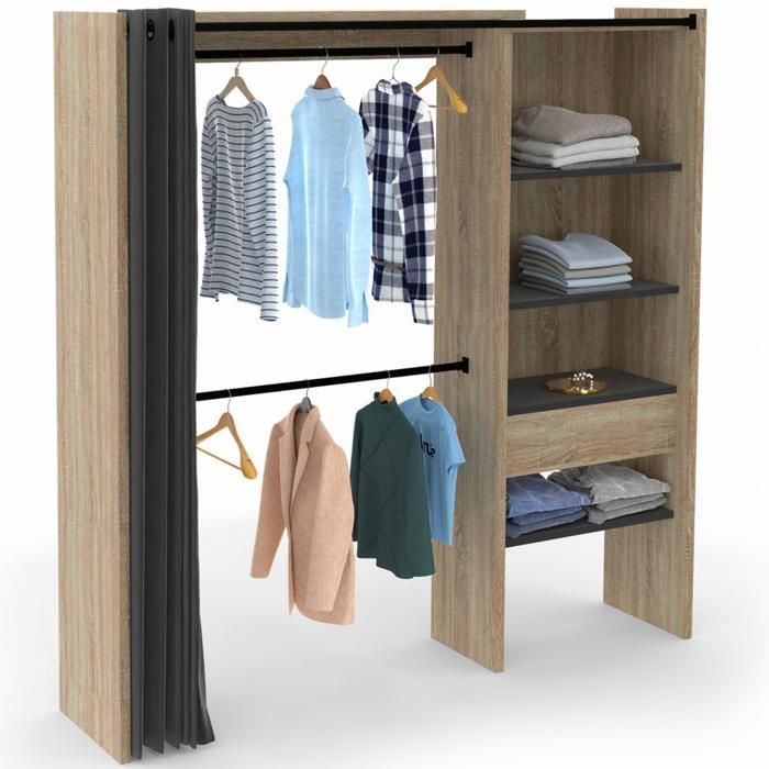 IDMARKET Dressing extensible MARTY 120/170 x 50 x 180 cm hêtre avec étagères + double penderie + rideau noir